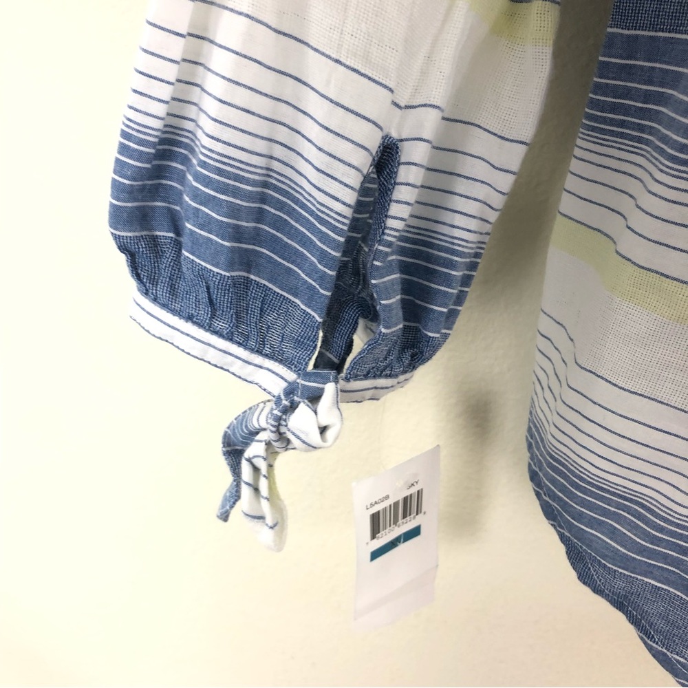 BeachLunchLounge Lightweight Flowy Cotton Stripes Ayala Blue White Green Sky Top - Picture 2 of 8